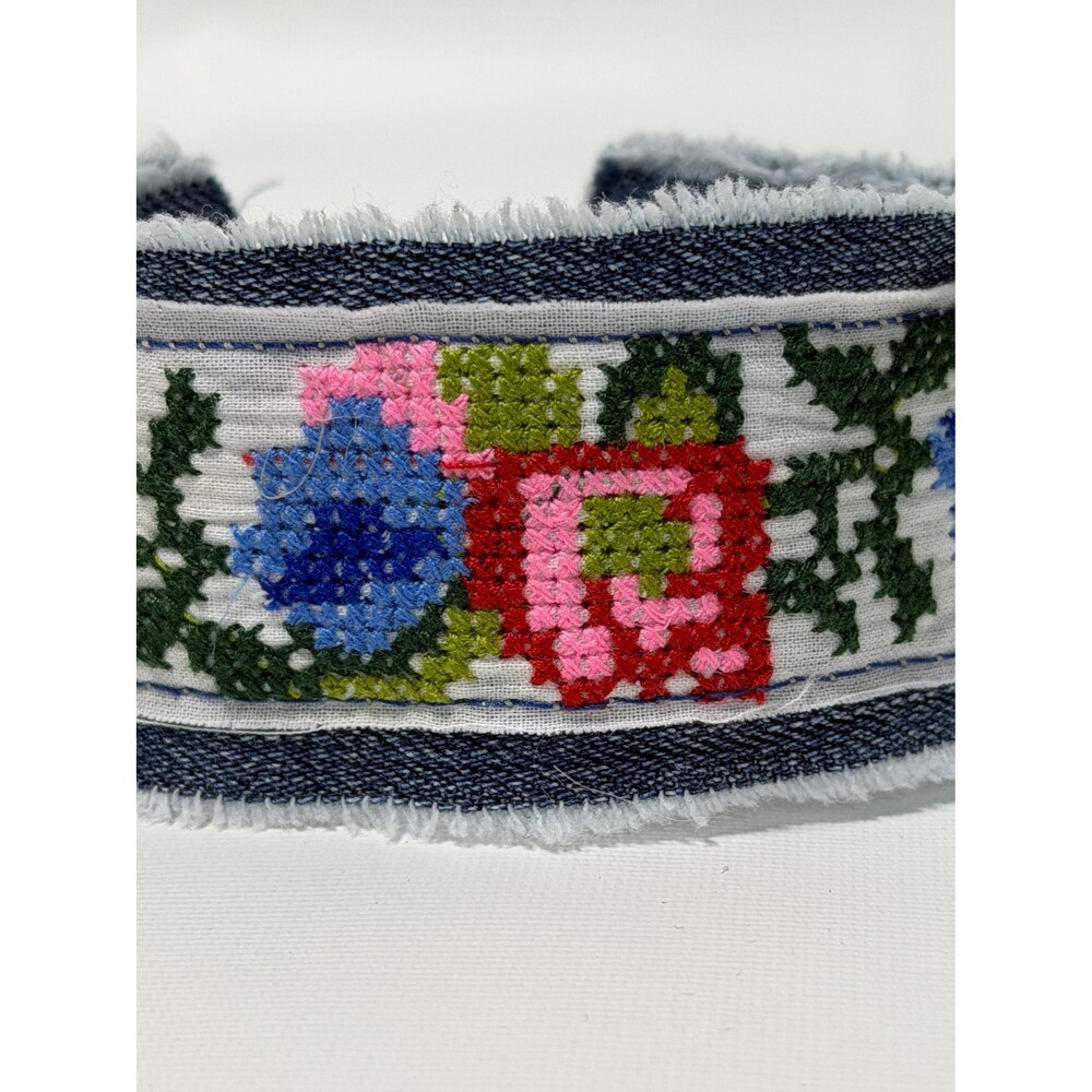 Denim Cuff Bracelet, Floral Cross Stitch Jewlery, Upcycled Jeans Bracelet